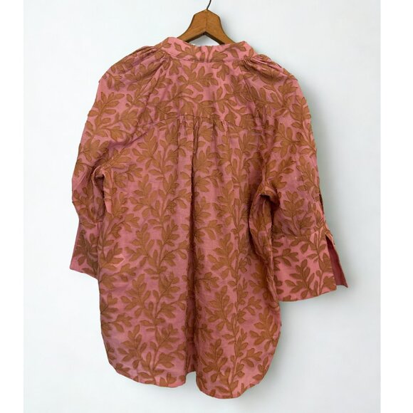 Anthropologie Embroidered Leaves Pink Popover Blouse Top Medium Feminine $130 - Picture 2 of 8